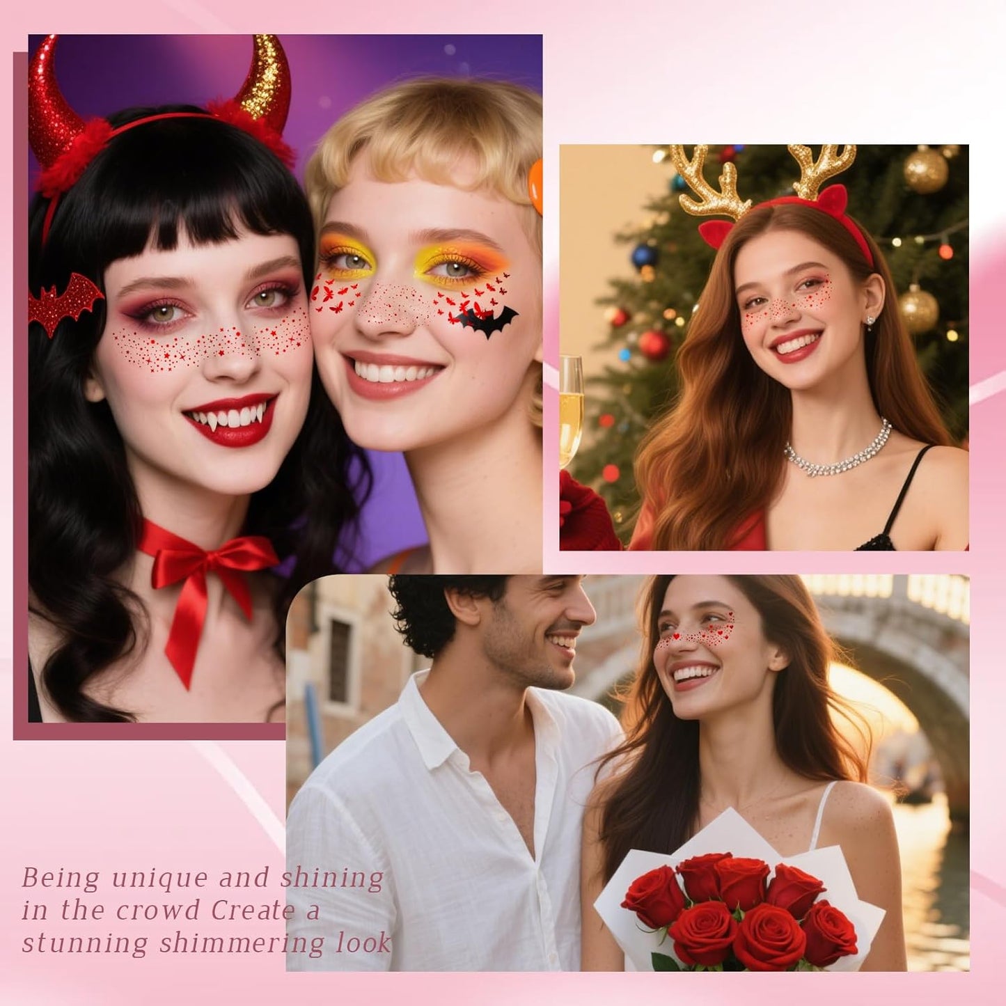 10 Styles Red Glitter Freckles Face Tattoo, Waterproof Sparkle Cute Star Butterfly Face Glitter Speckles Patches for Women, Metallic Temporary Tattoo Halloween Accessories Makeup for Rave