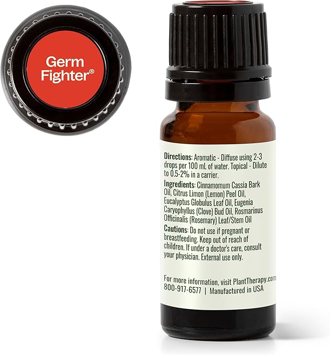 Plant Therapy Germ Fighter Essential Oil Blend Pure, Natural Aromatherapy, for Diffusion & Topical Use, DIY Multi-Surface Cleaner, Hand Cleanser, Home or Office Use, Therapeutic Grade 10 mL (1/3 oz)