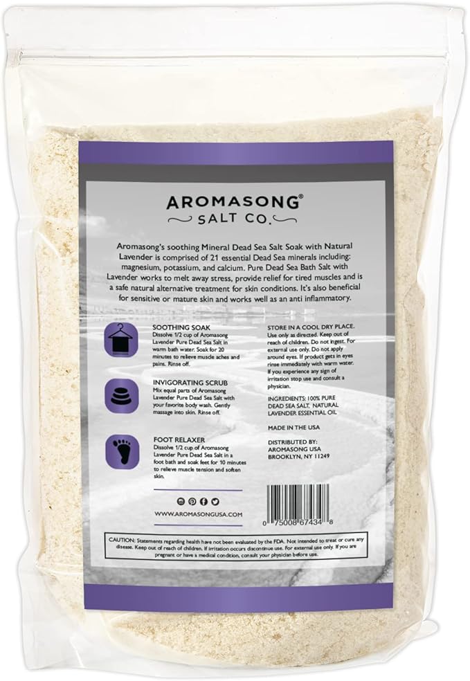 Aromasong RAW Dead Sea Salt with 100% Natural Lavender, 5 Lb, Not Cleaned, Still Contains All Dead Sea Minerals Including Dead Sea Mud, Fine Medium Grain Large Resealable Pack. (Packaging May Vary)