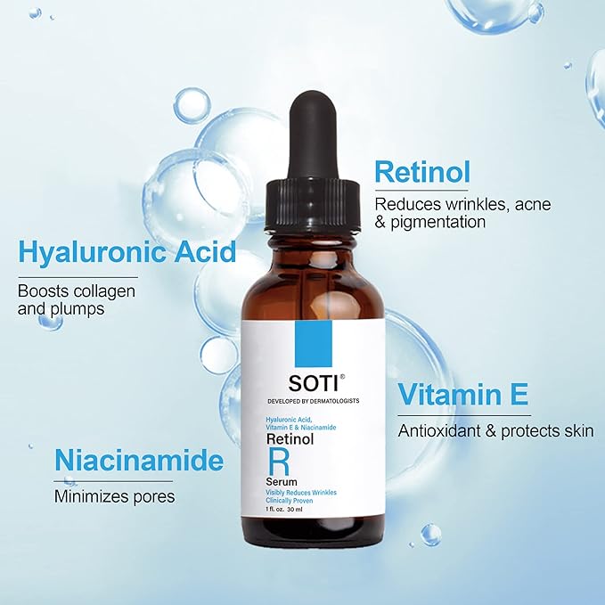Soti 2.5% Retinol Serum, Reduces Wrinkles, Age Spots, Post-Acne Marks. Stimulates Collagen, Firm Skin, Anti Aging with Hyaluronic Acid, Niacinamide (30ml)
