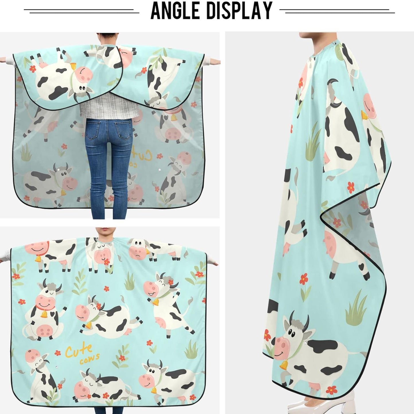 visesunny Barber Cape Cute Cow Character Polyester Hair Cutting Salon Cape Apron Anti-Static Haircut Water-Resistant Shaving Cloth Beard Shaving Bib Hairdressing Cape