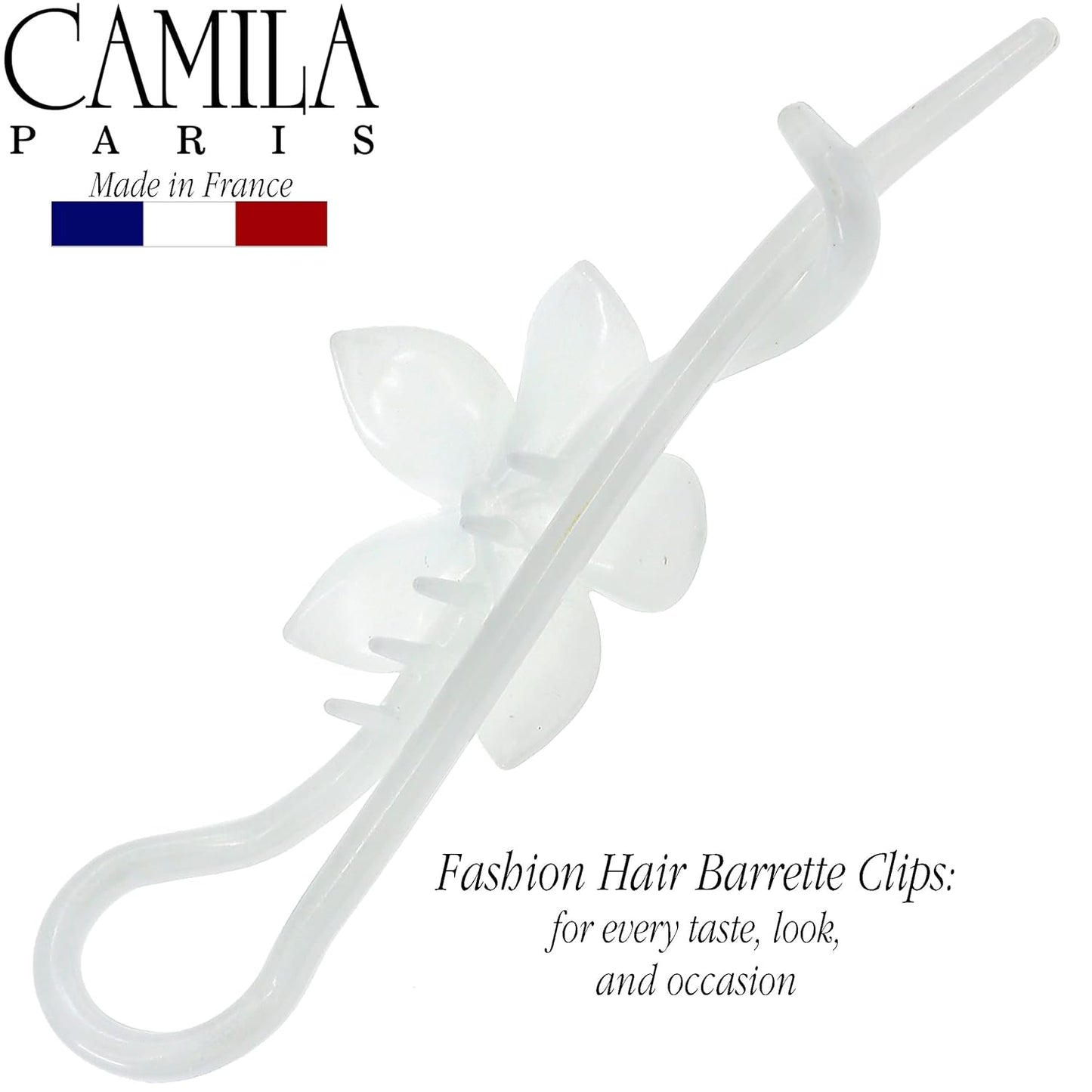 Camila Paris CP3193 French Hair Barrette Pin Clips for Girls, Flower, White, No Metal Parts, Strong Hold Grip Hair Clips for Women, No Slip and Durable Styling Girls Hair Accessories, Made in France