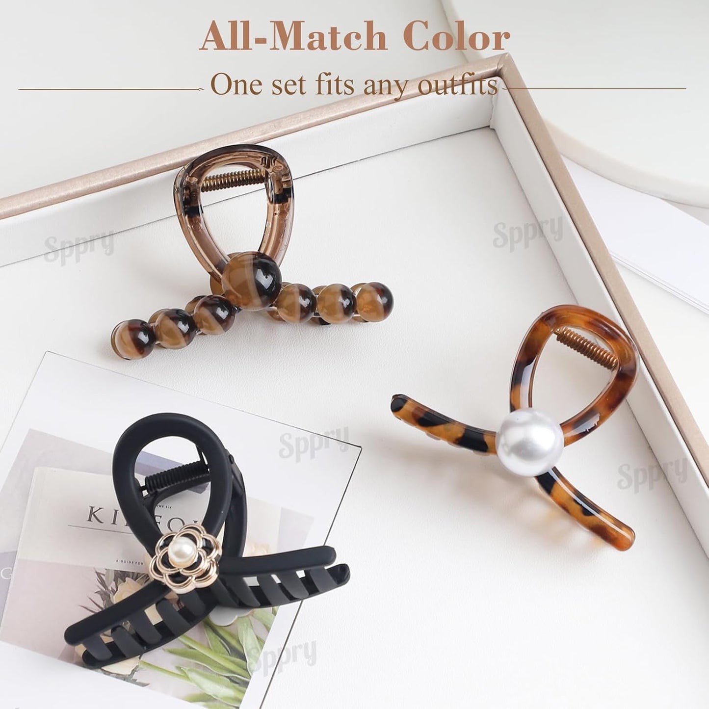 Elegant Pearl Hair Claw Clips for Women Thin Hair, Set of 3, Brown & Black (Medium 3 Inch)