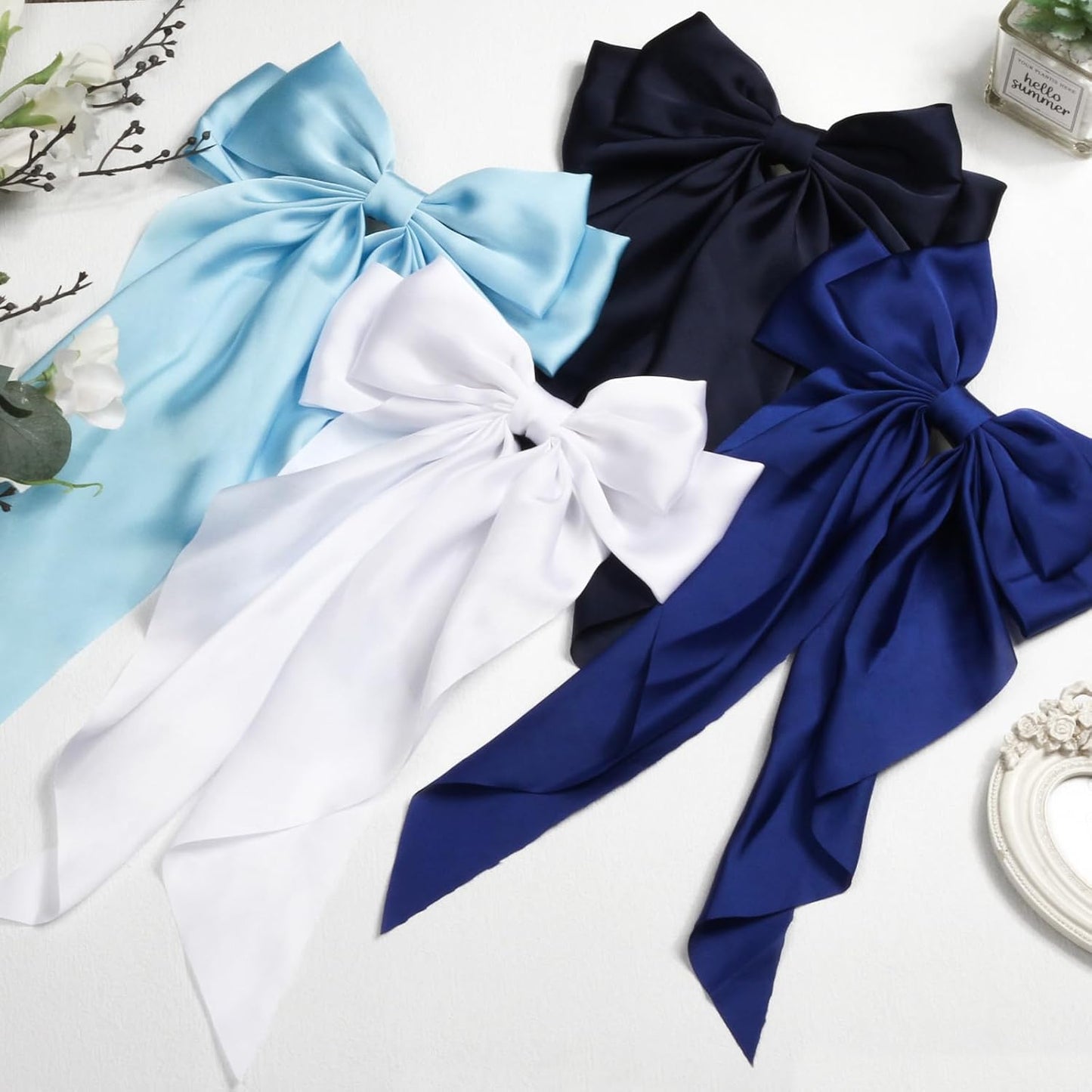 Silky Satin Hair Bows for Women Girls - 4PCS Ribbon Bows for Hair, Big Bow Hair Clips with Long Tail, Barrettes - Cute Hair Accessories Gifts (Navy, Royal Blue, Blue, White)