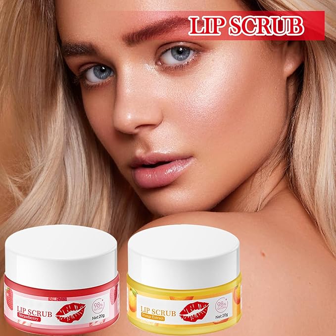 2PCS Strawberry & Orange Conditioning Lip Scrub Kit,Moisturizing Lip Sleeping Mask Long Lasting Hydrating Lip Scrubber Exfoliator Lip Care Products for Men & Women