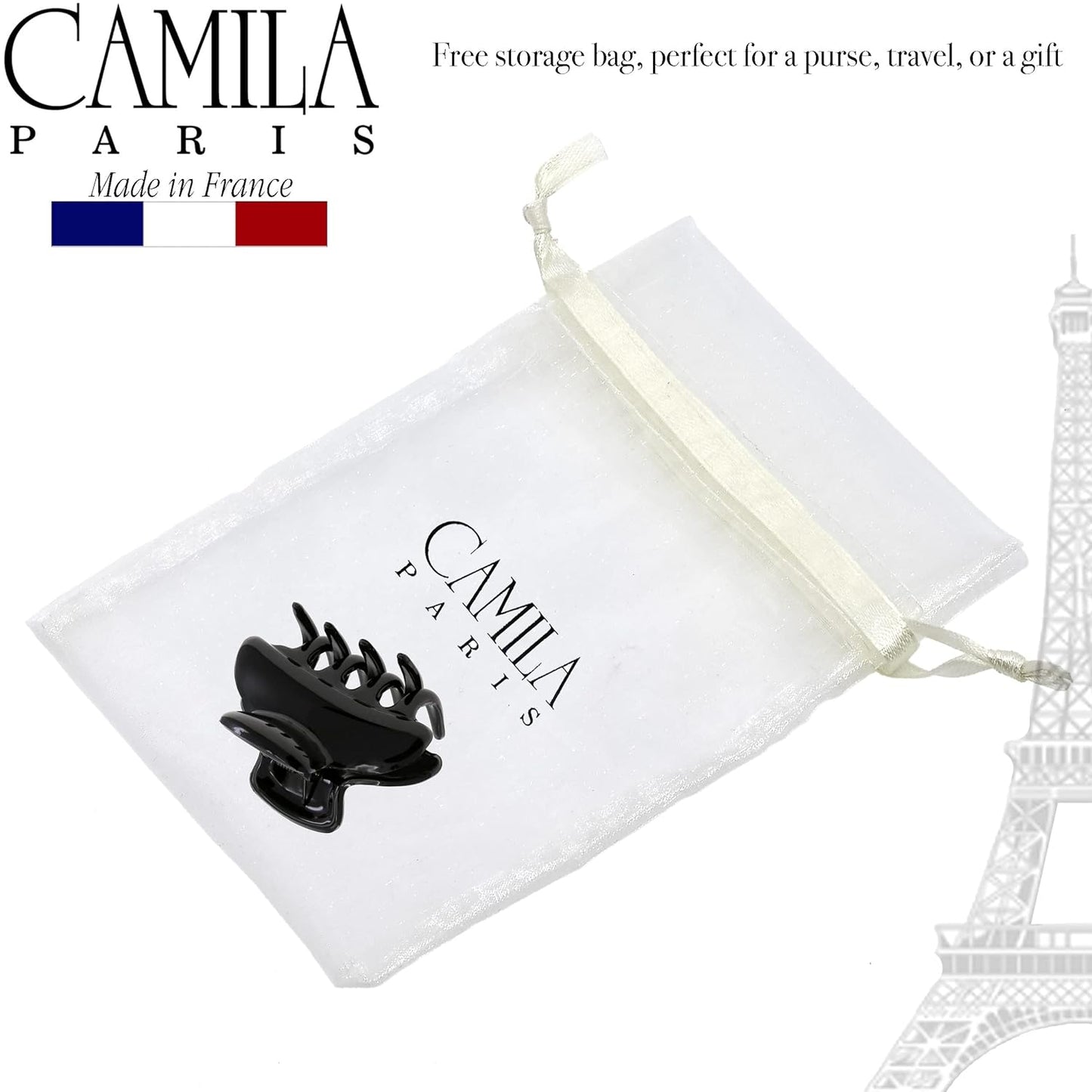 Camila Paris CP3550 French Hair Clip for Women, Small, Black 2.5 Inch Girls Hair Claw Clips Jaw Fashion Durable Styling Hair Accessories for Women, Strong Hold No Slip Grip, Made in France