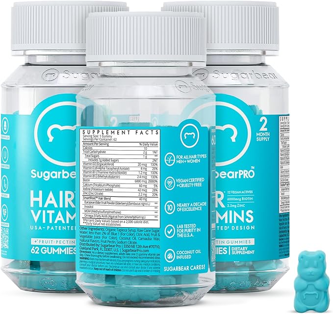 Sugarbear Hair Vitamin Gummy 6 Month Supply Extra Strength Biotin 6000mcg, Growth for Men & Women, Vegan Vitamin B12, MSM, Inositol, Omega 3, Elderberry, Certified Kosher, Halal, Cruelty-Free