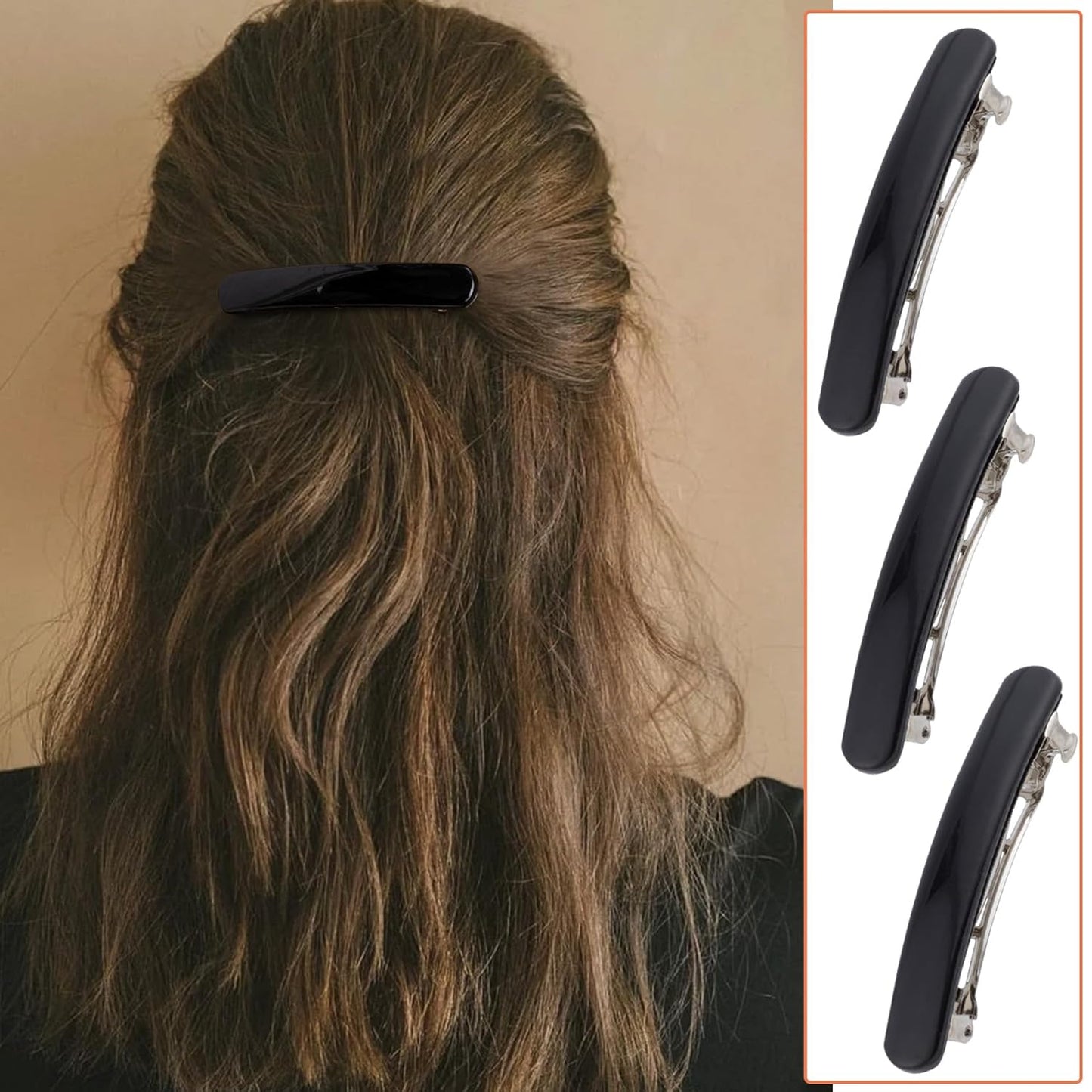 4pcs French Barrettes for Women, Non-Slip Head Oval Hair Clips, Curved Glossy Hairpins Styling Tool for Long Short Straight Curly Wave Hair- Black