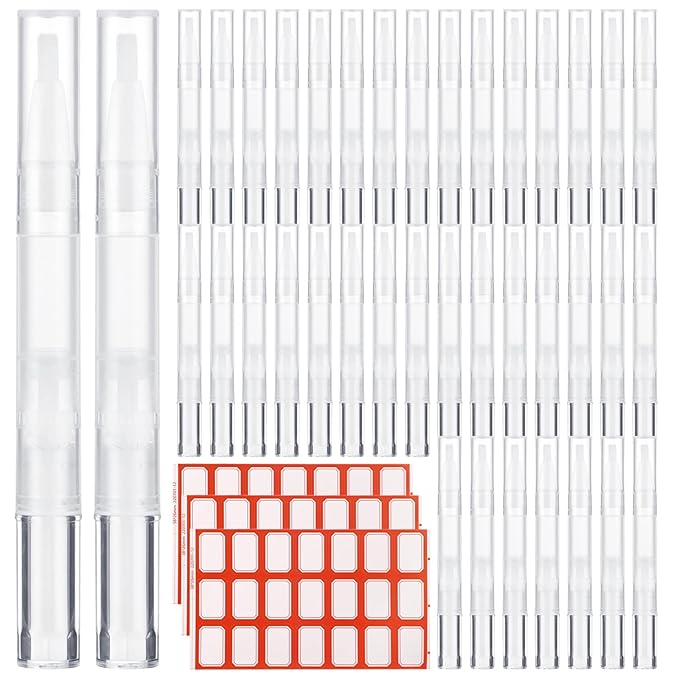 Homaisson 50 Pack 3ml Transparent Twist Pen with Stickers, Empty Cuticle Oil Pen Refillable Nail Oil Pens with Brush Tip, Empty Cosmetic Lip Gloss Tubes, Clear Eyelash Growth Liquid Containers