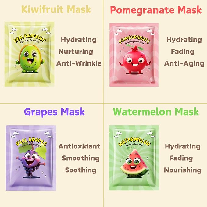 Fruit Face Masks - Face Masks Skincare - Hydrating Face Mask Pack - Moisturizing, Antioxidant & Nourishing Facial Mask - sleepover party supplies for girls - Teen Girl Gifts (8PCS, Fruit)