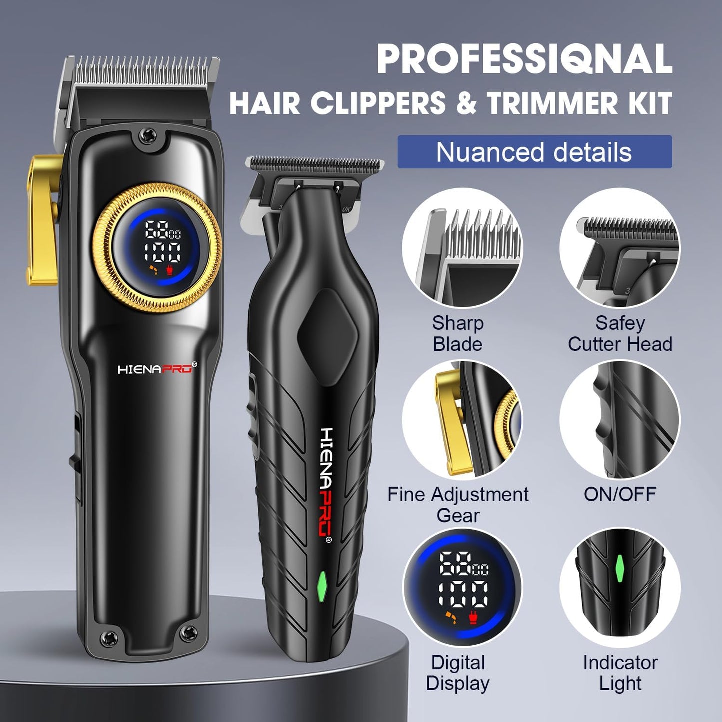 HIENA PRO Professional Hair Clippers Set for Men Cordless Barber Kit Hair Cutting Kit Rechargeable Clippers and Trimmers Set Clipper Set for Barbers with LED Display, Gifts for Men, (Black)