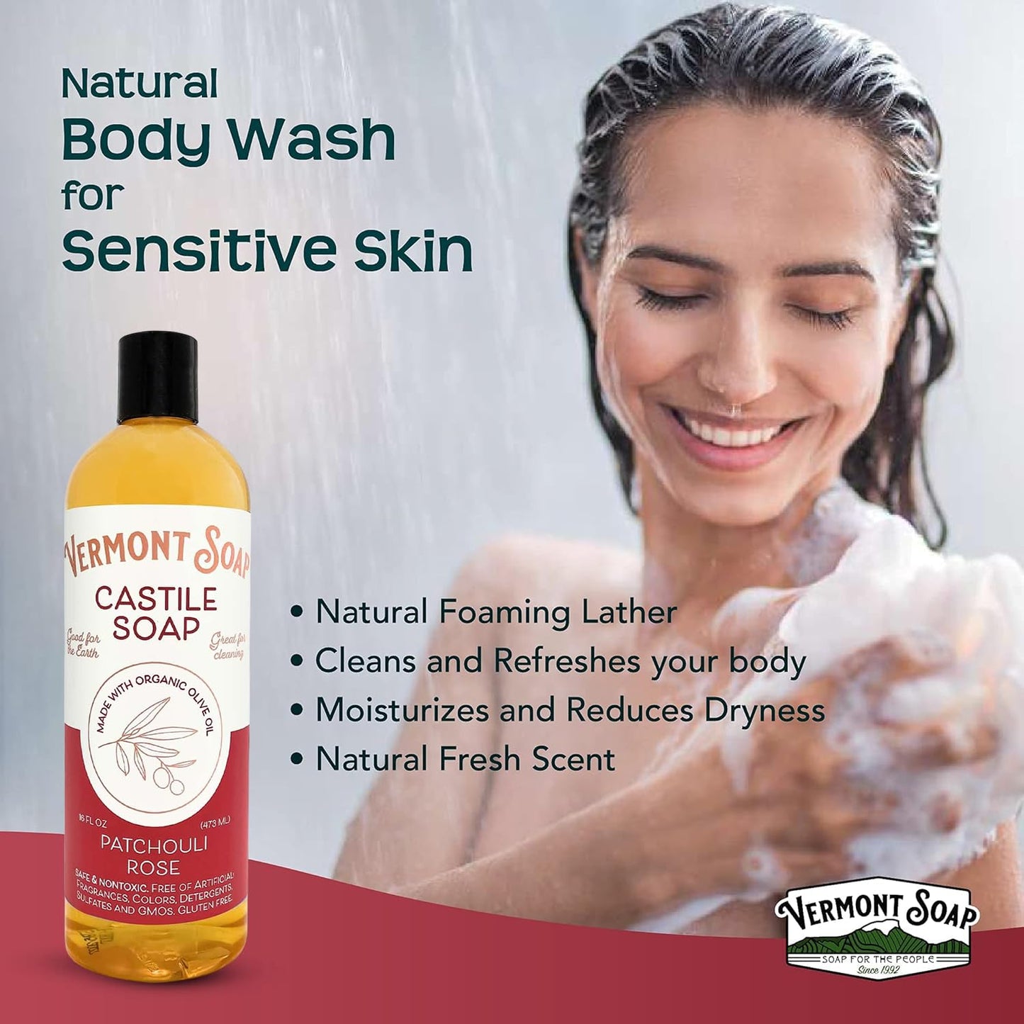 Vermont Castile Soap Patchouli Rose, Gentle Liquid Soap for Sensitive Skin & Natural Body Wash, Organic Hair Shampoo for Oily Hair, Aloe Castile Soap for Men & Women - 16 Oz