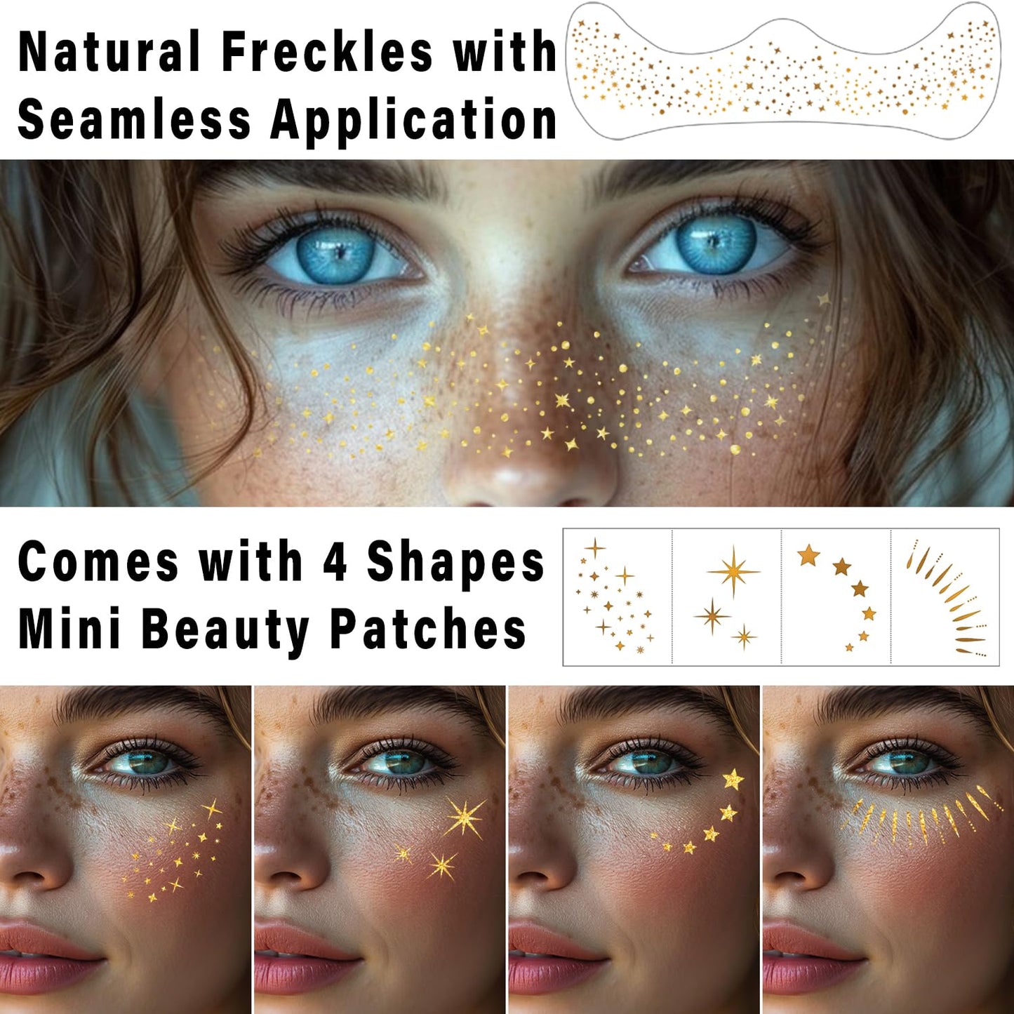20 Pcs Gold Glitter Freckles Face Tattoo, Gold glitter Freckles Makeup Patches, Waterproof Sparkle Freckles, Glitter Freckles Temporary Face Tattoos for Women
