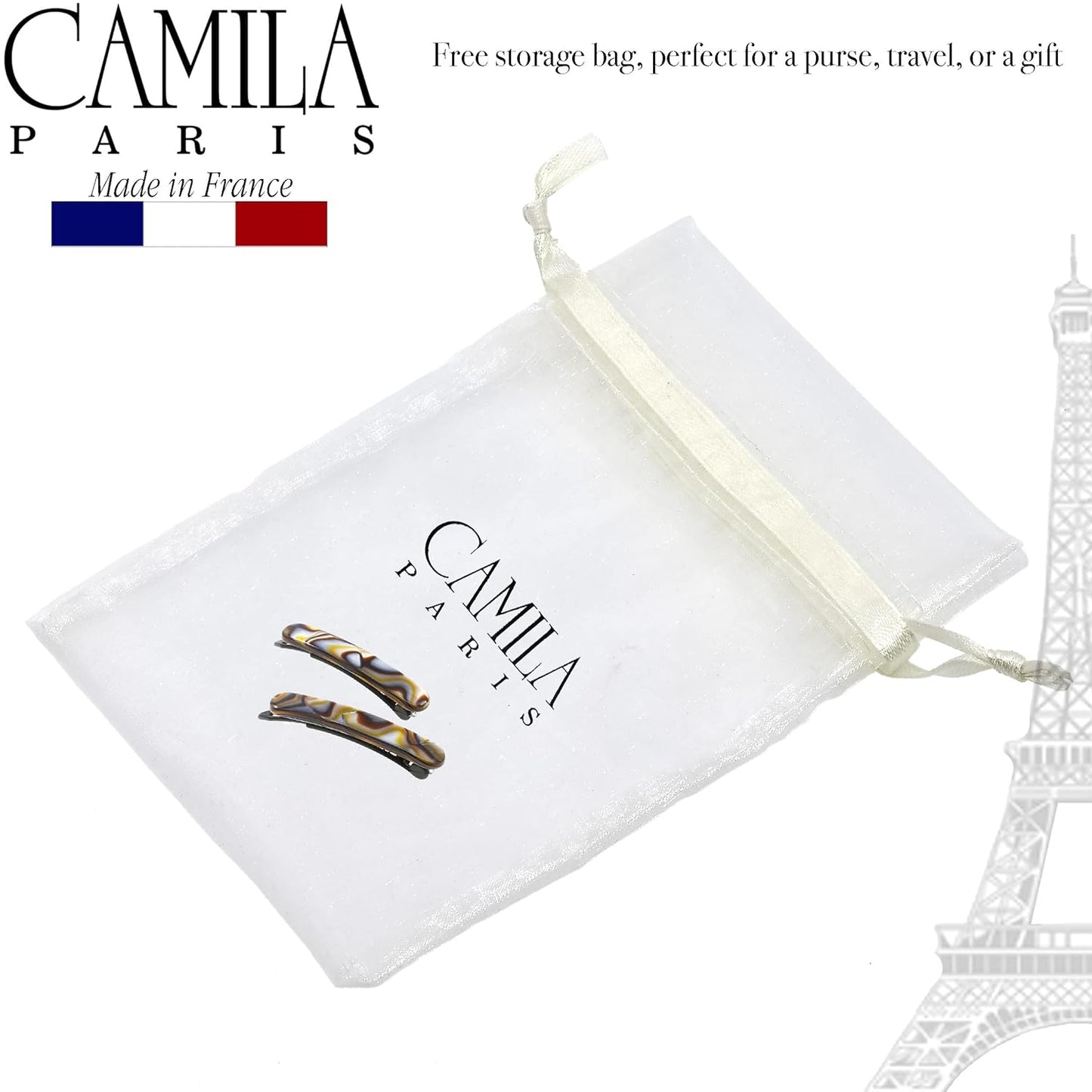 Camila Paris CP3377 French Hair Barrettes Clips for Women, Handmade Onyx, Girls Side Slide-in Barrette Clip, Hair Accessories for Women. Strong Hold No Slip Grip Durable and Styling, Made in France