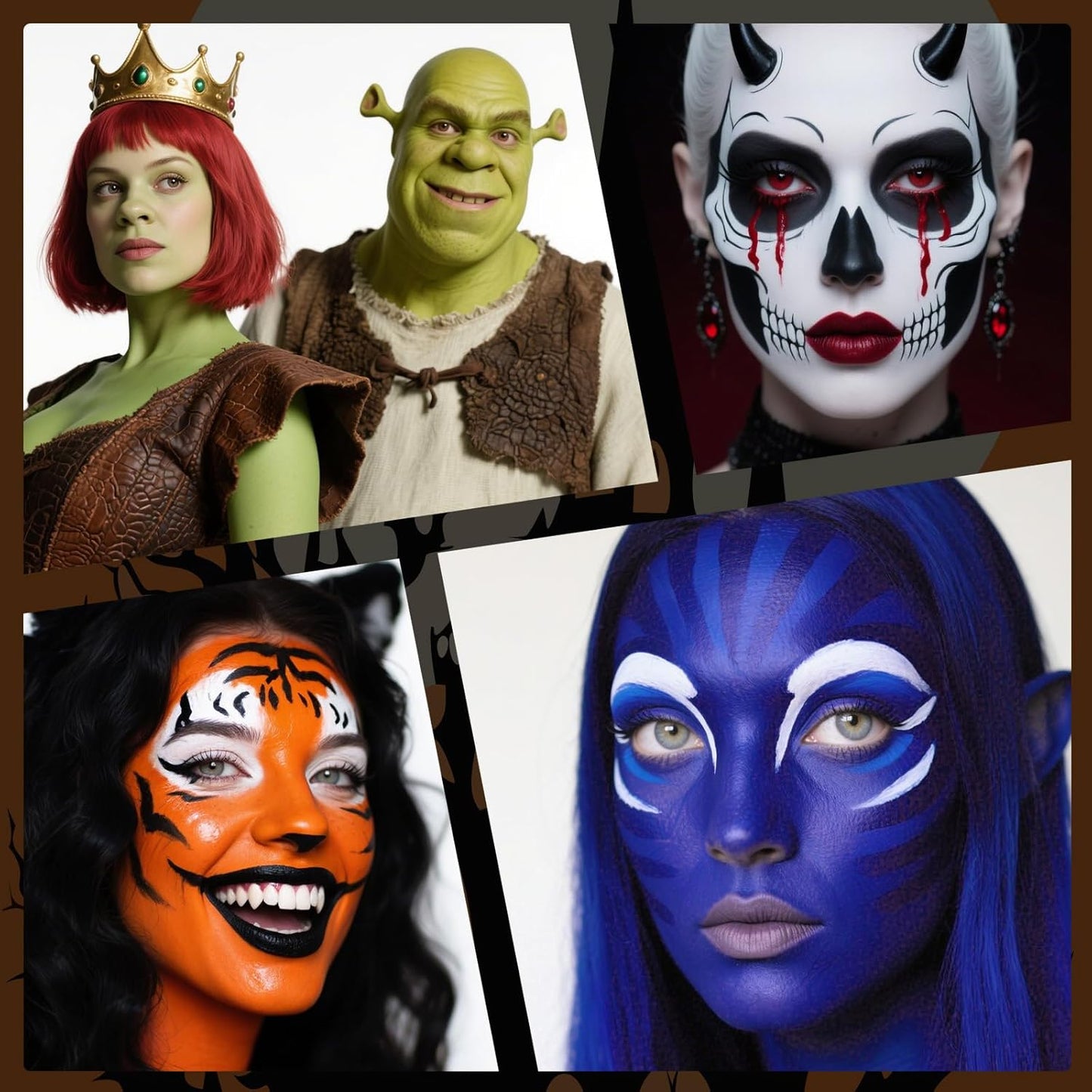 Black White Green Face Body Paint Stick Set with Translucent Setting Powder and Sponges, Professional Full Coverage Face Painting for Adults Halloween Cosplay SFX Skeleton Witch Hulk Makeup