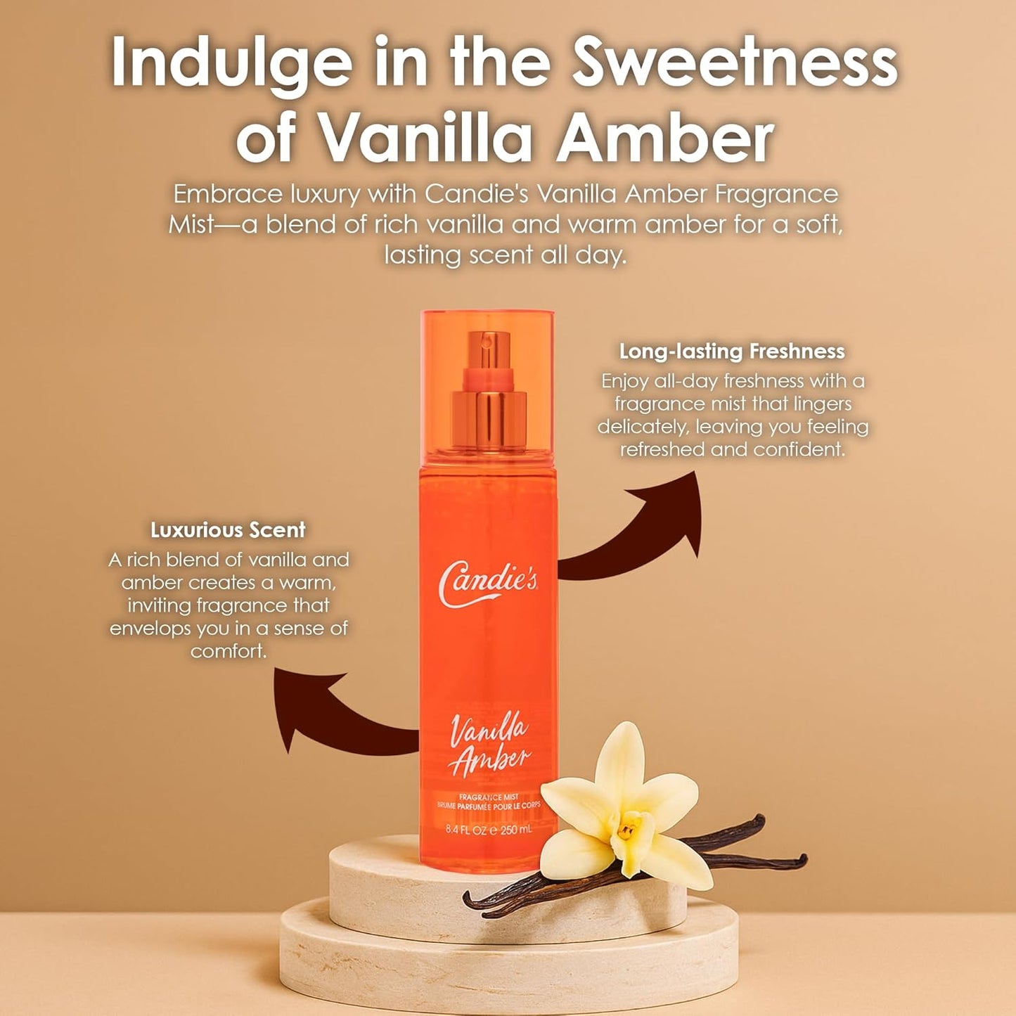 CANDIE'S Vanilla Amber Fragrance Mist - Sweet, Long-Lasting Perfume for Women, Luxurious All-Day Freshness, Ideal Body Cologne for Ladies, Feminine Scent, Lasts All Day, Must-Have Fragrance, 8.4 fl oz