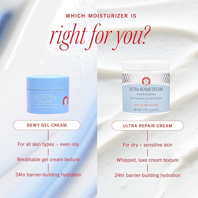 First Aid Beauty - Hydrating Dewy Gel Cream, Lightweight Oil-Free Facial Moisturizer with Hyaluronic Acid and Ceramides, Helps Reduce Excess Oil Build Up & Improve Skins Hydration, 1.7 oz