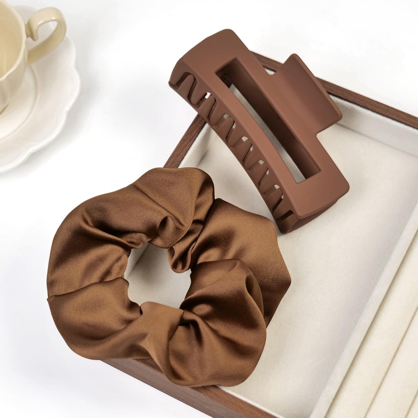 8 Pcs Hair Claw Clips and Scrunchies Set – Square Hair Clips for Women, Medium Non-Slip Matte, Large Satin Scrunchies, Hair Accessories for Thick Thin Hair, Party, Daily Use – Coffee