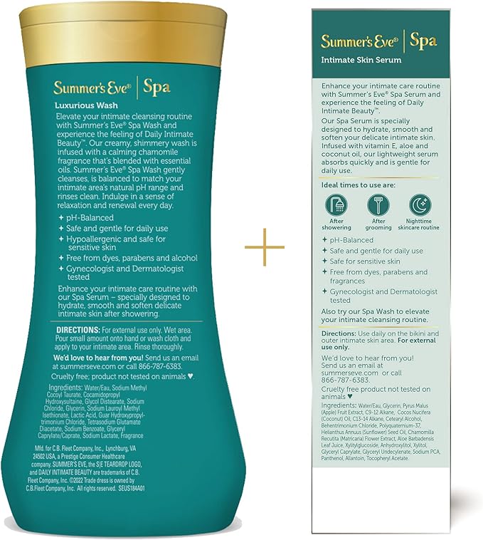 Summer's Eve Spa Set for Women | Gift Box | Women's Post Shave Hydrating Serum, 1oz Tube | Cleansing Feminine Wash, 12oz Bottle, 2 Piece Set
