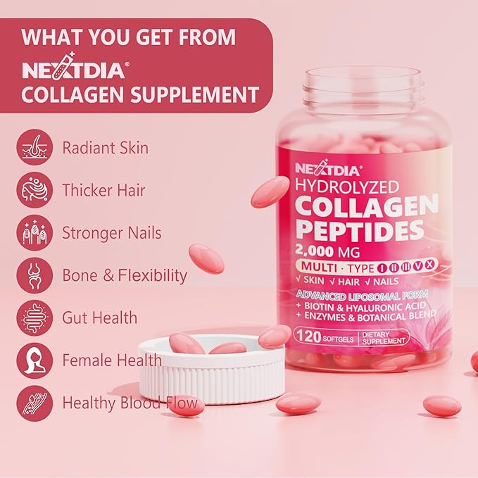 Hydrolyzed Collagen Peptides Pills for Women 2000mg Liposomal Form Type I, II, III, V, X for Optimal Absorption, Multi Collagen Softgels, Collagen Supplements with Hair, Skin & Nails Vitamins 120 Cts