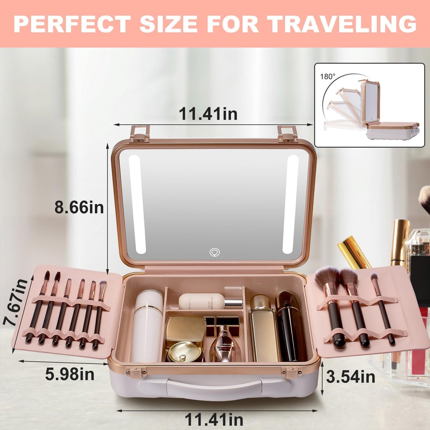 Mocado Travel Makeup Case with Lighted Mirror, 8 Makeup Brushes & 10x Magnifying Mirror, Cosmetic Case with Adjustable Brightness, White