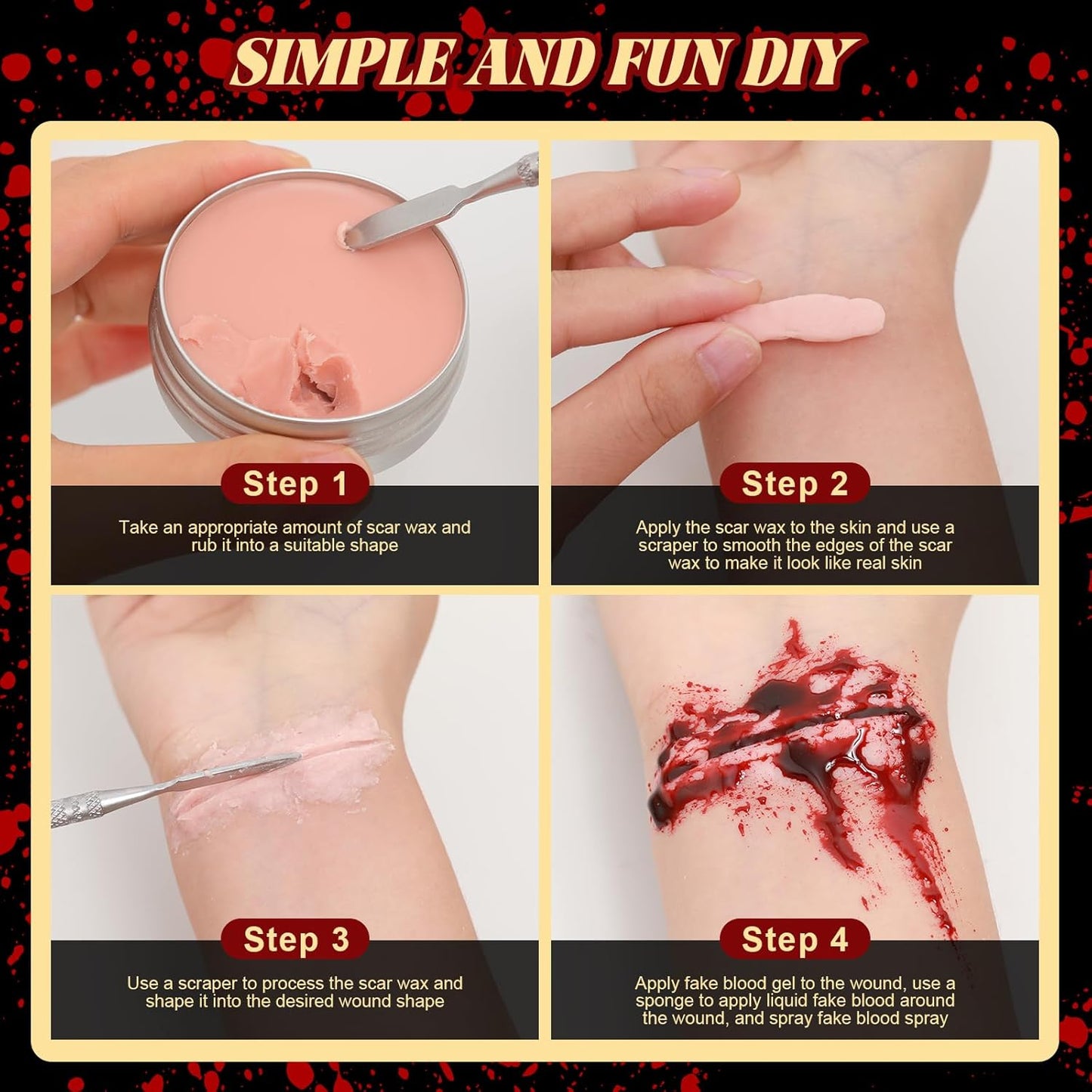 Halloween Fake Blood SFX Makeup Kit β Fake Blood, Scar Wax with Spatula, Blood Spray, Fake Blood Cream & Stipple Sponge β Realistic Wound Modeling & SFX Makeup for Zombie, Vampire & Undead Costumes