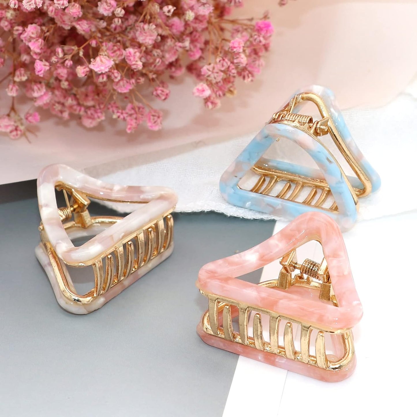 Cobahom 3 Pcs Mini Hair Clips for Women Acetate Hair Jaw Clips 3 Colors Set Fashion Hollow Triangle Hair Clips for Women Girls (Beige+ Pink+ Blue) 1.7 Inch