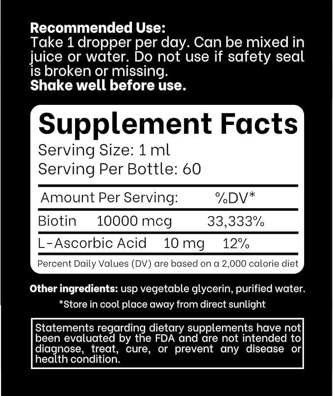 Liquid Biotin 10,000 mcg with Vitamin C – High Potency Hair, Skin & Nail Support – Fast Absorption Biotin Drops – 60 Day Supply – 2 oz