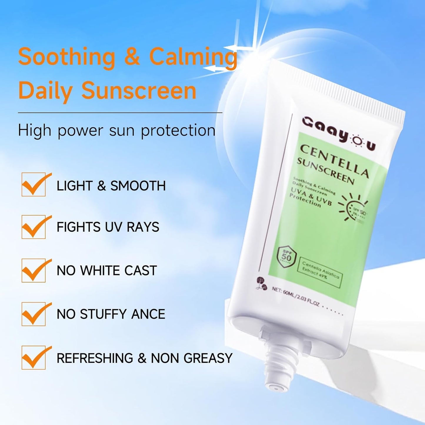Centella Sunscreen SPF50 PA++++ Calming Moisture Facial Sunscreen Centella Asiatica Korean Sunscreen Matte No White Cast Face Sun Screen for Oily Sensitive Skin