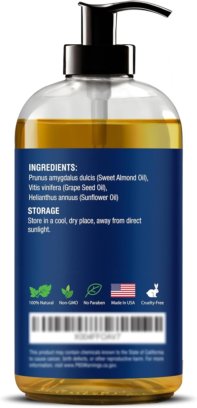 Unscented Massage Oil 8 fl oz - Hydrating Body Oil for Sensitive Skin & Muscle Relief - with Sweet Almond, Grape Seed & Sunflower Oils - Nexon Botanics