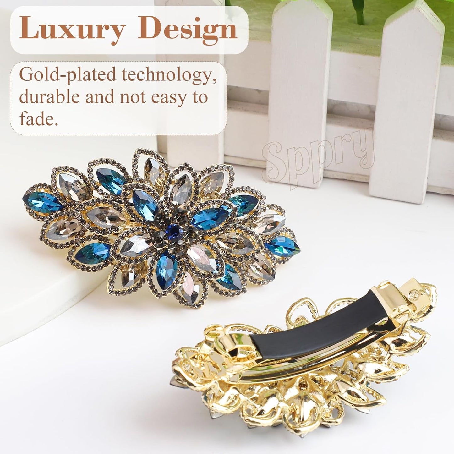 Luxury Gold-plated Rhinestone Hair Barrette for Women, Large Flower Jewelry Design (Navy)