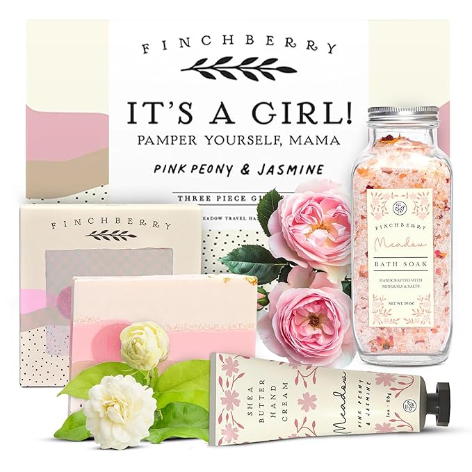 FinchBerry 3-Piece Gift Set - Itโs A Girl! Baby Shower Gift, New Mom Care Package, First-Time Mom Gifts, Baby Girl Gift โ Includes Handmade Shea Butter Soap(4.5oz), Bath Soak (20oz) & Hand Cream (1oz)
