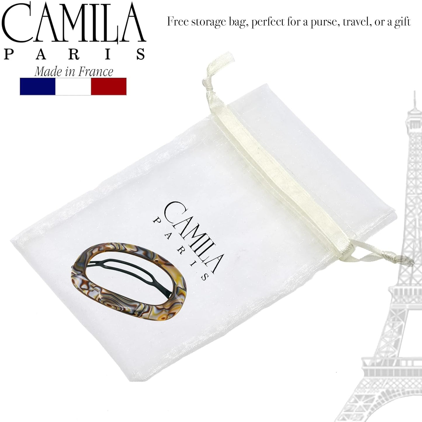 Camila Paris CP3355 French Hair Barrette Clip for Women, Handmade, Onyx, Slide-in Metal-Free Closure, Strong Hold Grip Hair Clips for Girls, No Slip Durable Styling Hair Accessories, Made in France
