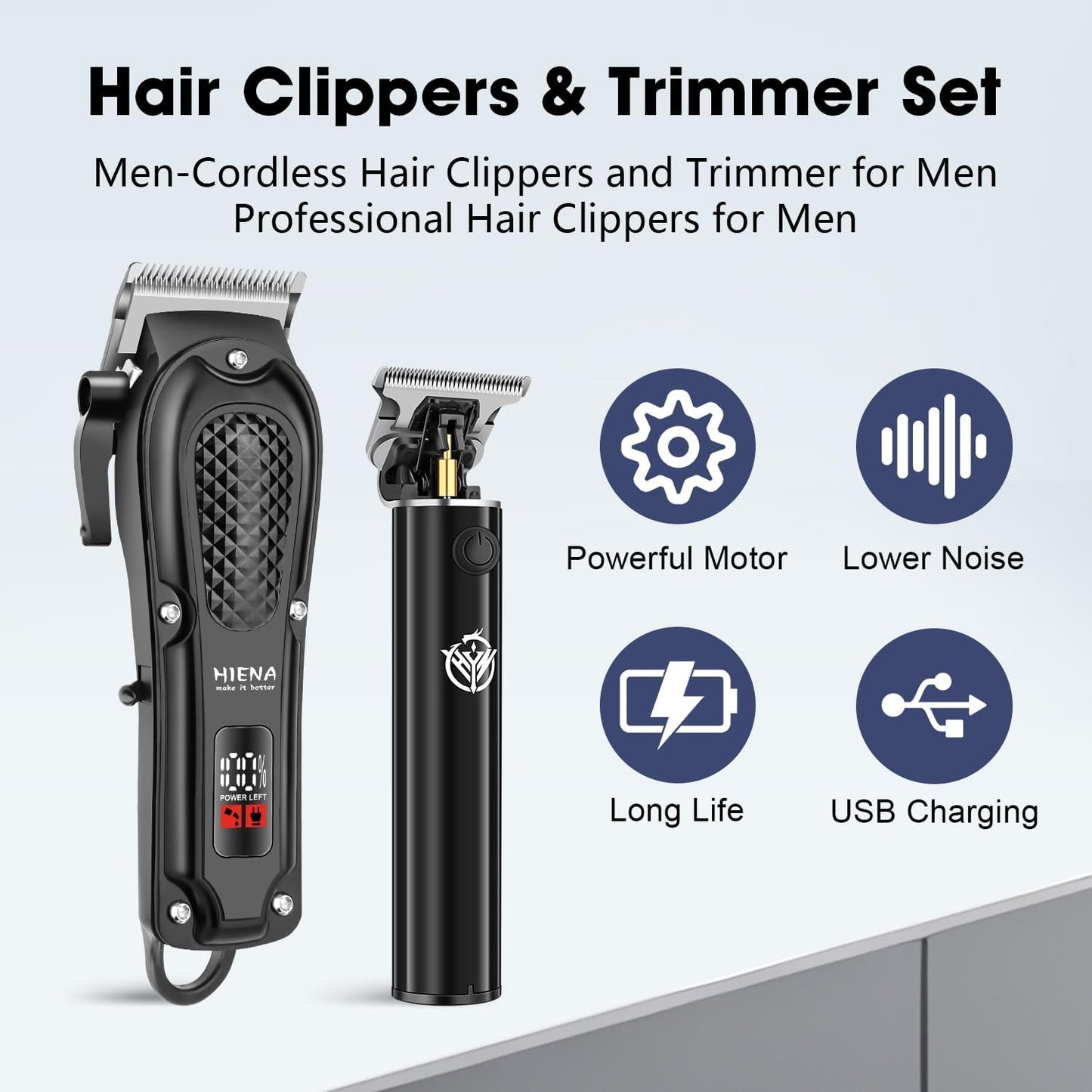 HIENA PRO Professional Hair Clippers and Trimmers Set for Men Cordless Barber Kit Hair Cutting Kit Rechargeable Clipper Set for Barbers with LED Display, Gifts for Men, (Black)