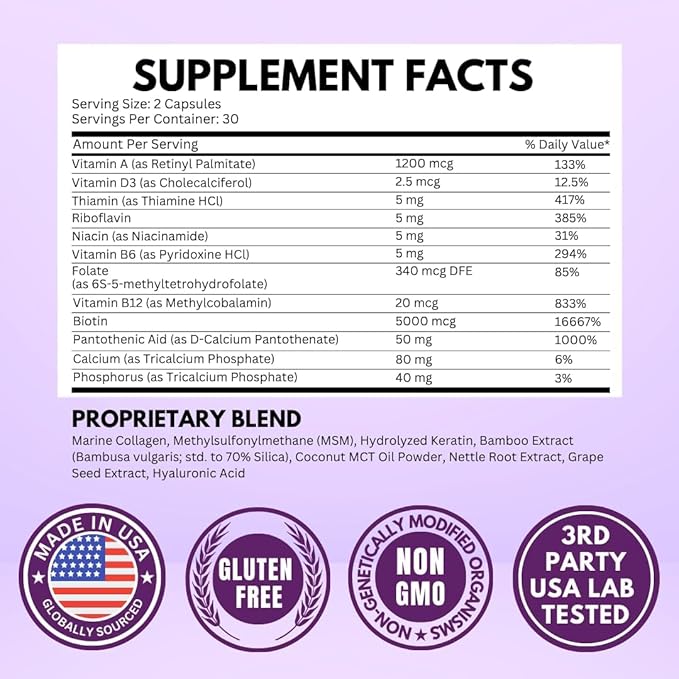 Biotin with Hyaluronic Acid, Collagen and Keratin – 25000 mcg Hair Growth Vitamins for Men and Women – Nails and Skin, USA Made - Third Party Tested, B1, B2, B3, B6, B7 Complex - 120 Capsules