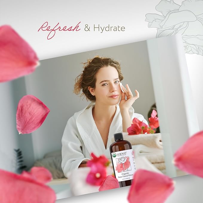 HBNO California Bottled Organic Rose Water for Face - 16 fl oz (480ml) Value Size - USDA Certified Pure for Hair, Skincare, Haircare