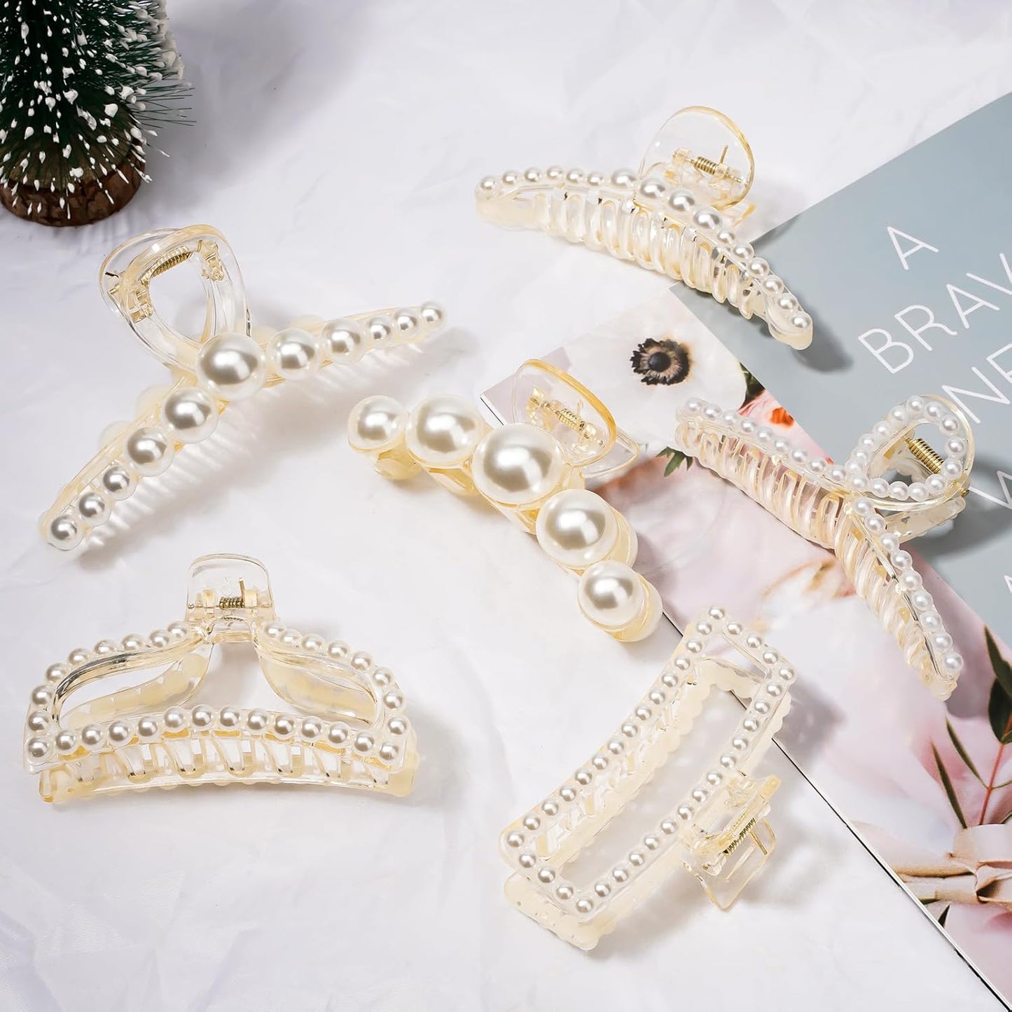 Leezmark Pearl Hair Claw Clips, Large Barrettes for Thin, Thick, Curly or Long Hair, White Jaw Clips Hair Accessories for Women and Girls