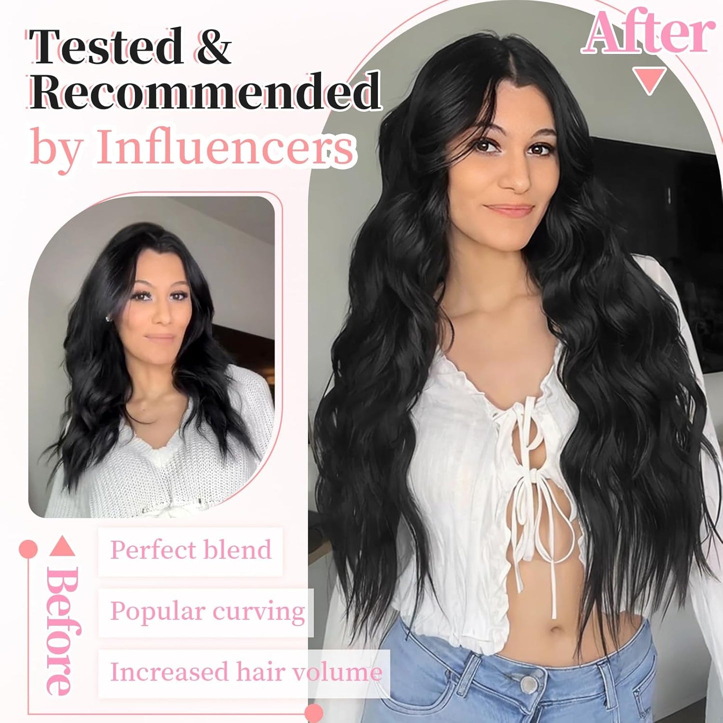 KooKaStyle Clip in Synthetic Hair Extensions Long Wavy 4PCS Thick Hairpieces Black Fiber Double Weft Natural Hair Extensions 20 Inch for Women