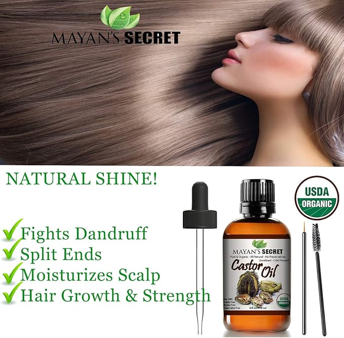 Mayan's Secret Certified Organic Castor Oil Nourishing and Strengthening Oil for Hair and Skin