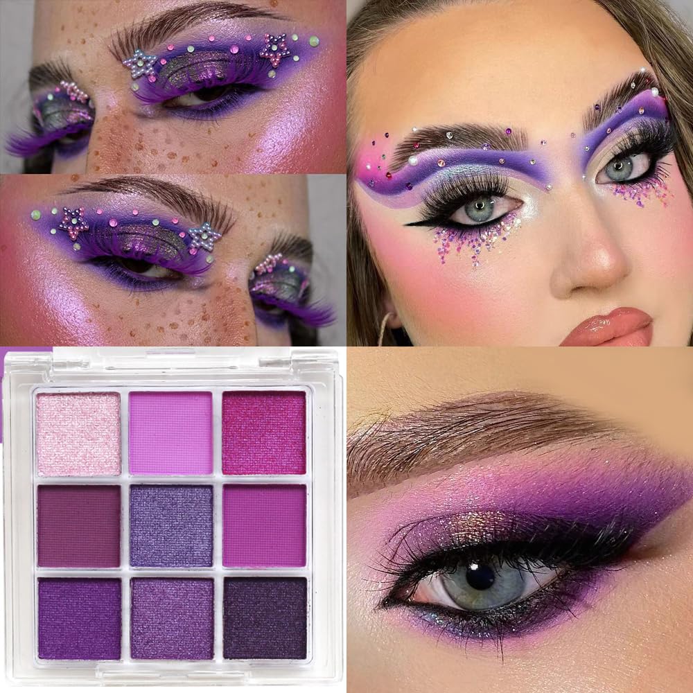 9 Colors Eyeshadow Palette - Purple Eyeshadow Theme, High Pigmented Blendable Matte & Glitter Shimmer Finishes, 24-Hour Long Lasting Mauve Eye Makeup for Christmas & Music Festivals(Purple)