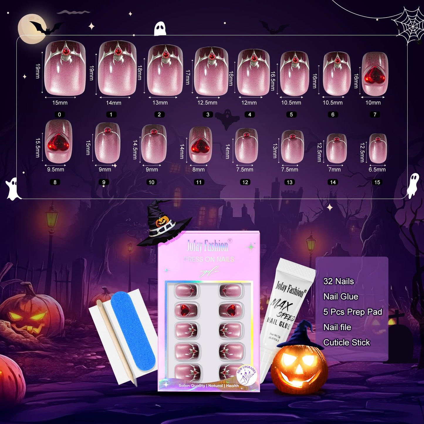 Halloween Press On Nails Short - Moonfang Glow, French Tip Press On Fake Nails Acrylic Square Halloween Nails Press on with Nail Glue, Stick On Vampire Nails in 16 Sizes - 32 PCS Soft Gel Kit