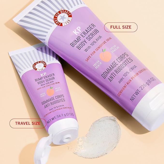 First Aid Beauty - KP Bump Eraser Body Scrub with 10% AHA, Keratosis Pilaris Exfoliator with Glycolic and Lactic acids, Helps Reduce Chicken Skin Bumps, Safe for Sensitive Skin, NEW Peach Scent (2 oz)