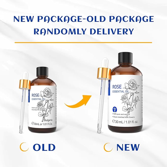 HIQILI Rose Essential Oil 1 Fl Oz, 100% Natural Therapeutic Grade for Aromatherapy, Diffuser, Skin Care, Massage, Includes Premium Quality Glass Dropper