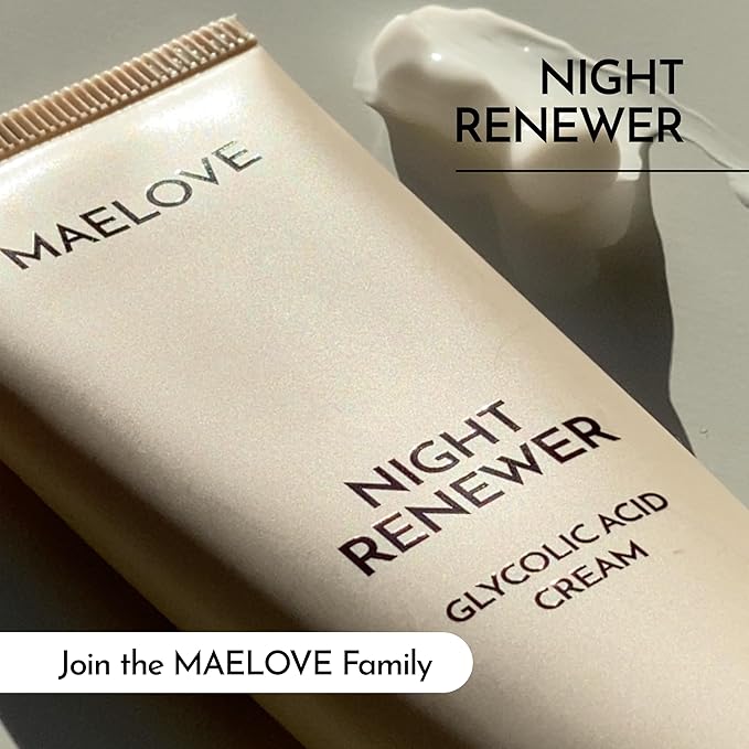 MAELOVE Night Renewer, Glycolic Acid Cream, Anti-Aging, Unscented AHA Exfoliating Night Cream, Gentle for Sensitive Skin, Researched & Manufactured in USA, Gluten-Free, 2.0 fl oz