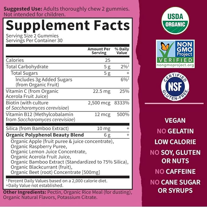 Garden of Life Organic Beet Root Gummies Made of Pectin with Antioxidants, Vitamin C, Biotin & B12 for Hair, Skin & Nails – Beets Beauty Gummies – Vegan, Gluten Free, Non GMO, Raspberry, 30 Servings