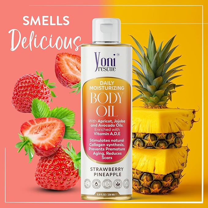 Daily Skin Moisturizing Body Oil with Apricot, Jojoba, Avocado & Vitamin E Oil | Hydrating & Nourishing for all Skin types | After Shower oil 8oz Strawberry Pineapple Scented