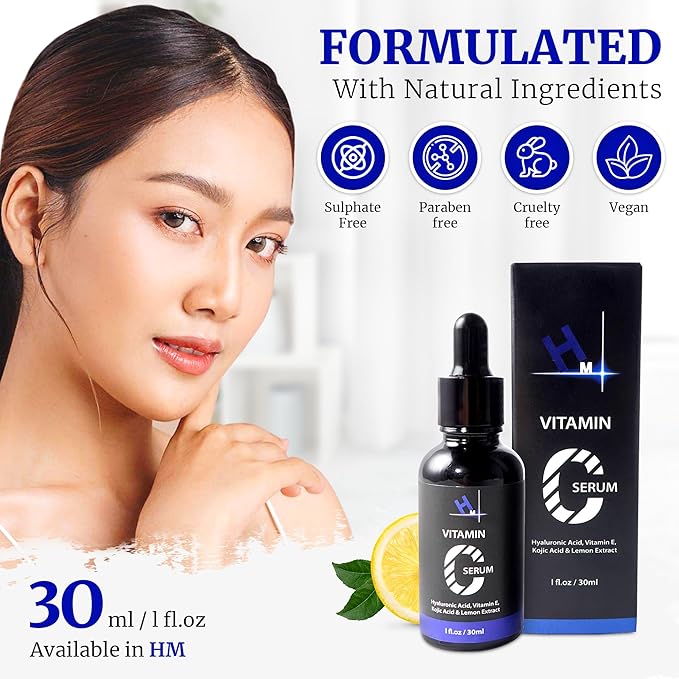 HM Vitamin C Serum with Hyaluronic Acid, Vitamin E & 1 percent Kojic Acid | Anti-Aging & Brightening | Reduces Wrinkles & Enhances Skin Radiance
