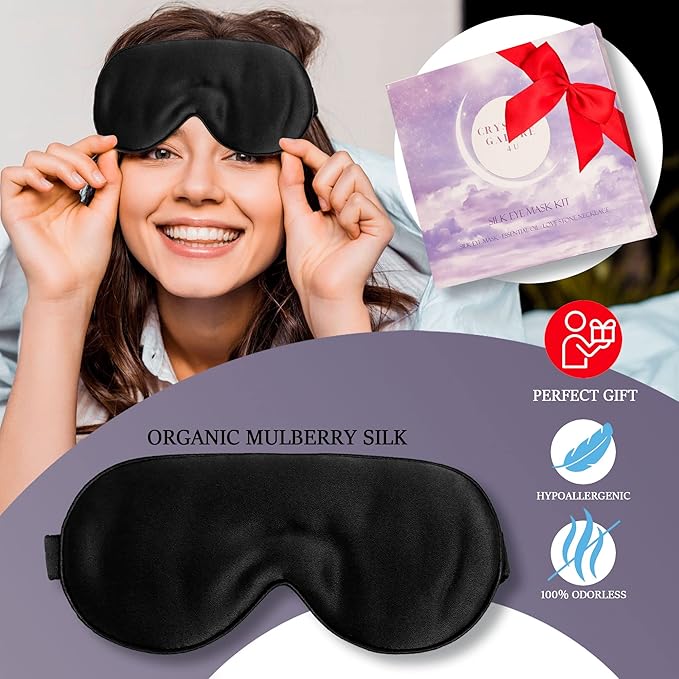 Silk Sleep Mask Black - Organic Mulberry Silk Hypoallergenic Sleeping Mask Gift Set with Obsidian Pendant Necklace, Essential Oil Roller Bottle, and Black Obsidian Crystal Kit Meditation