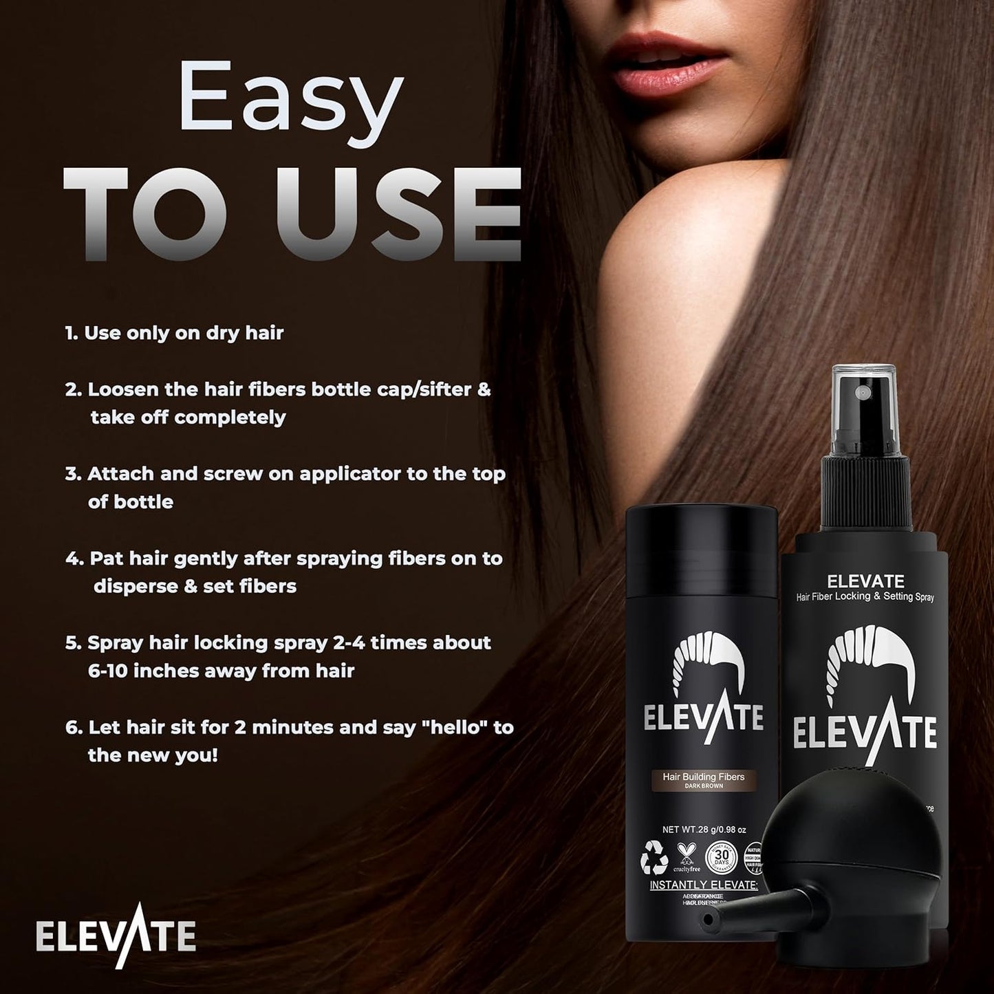 ELEVATE Hair Perfecting 3-in-1 Kit Set Includes Natural Thickening Fibers, Applicator Pump Nozzle & Locking Hold Spray | Instantly Conceal Balding Areas (Dark Brown)
