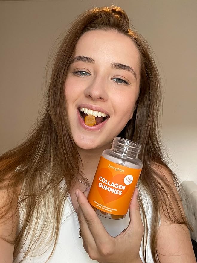 SkinnyMint Collagen Gummies Supplement for Healthy Skin, Nails & Hair Support, Gluten Free Collagen Chewable Gummies for Men & Women, Natural Orange Flavor -60 Count(180G)- 1 Month Supply